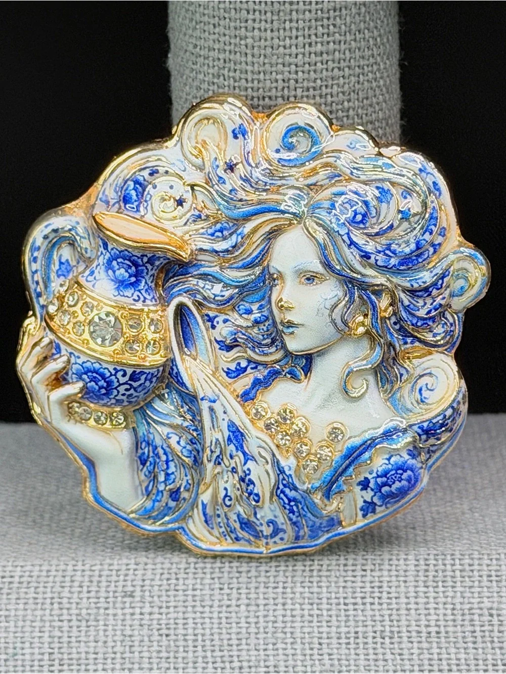 Blue & White Aquarius Brooch w/Rhinestones